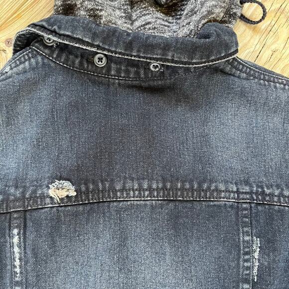 Free People Black Denim Trucker Jacket Hooded Distressed Knit Sleeves Size S - Picture 7 of 12